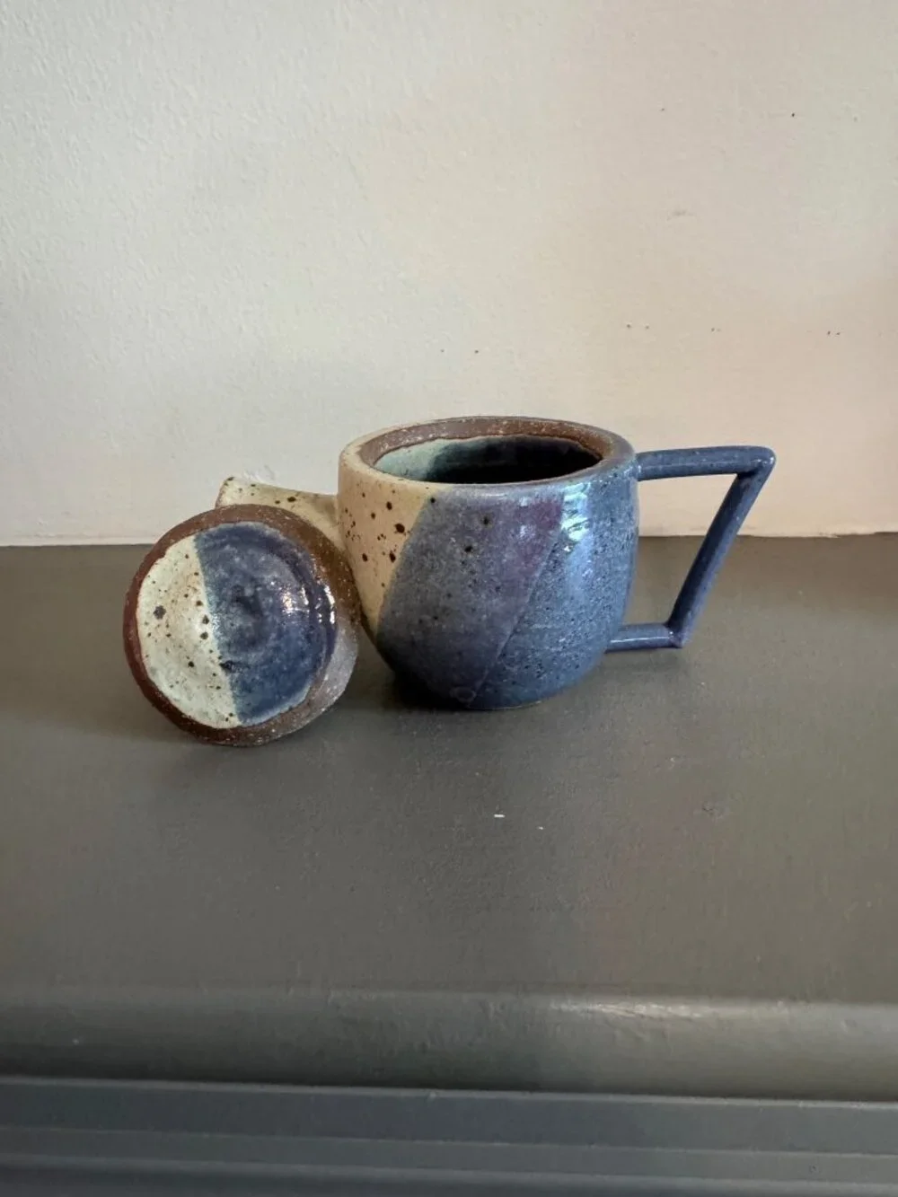 Handcrafted Ceramic Mini Teapot Earthy Blue Beige Unique Triangular Handle Potte
